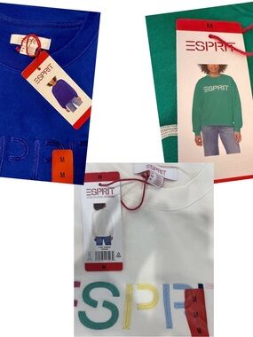 Esprit Costco Crewneck Sweatshirt 3 Pack White Green Blue Retro Logo NWT